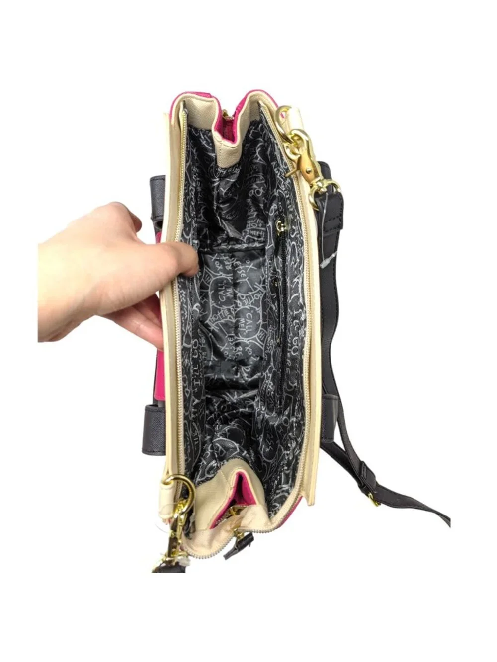 Betsey Johnson Beige Cream Pink Black Gold Handbag Satchel Crossbody Bag